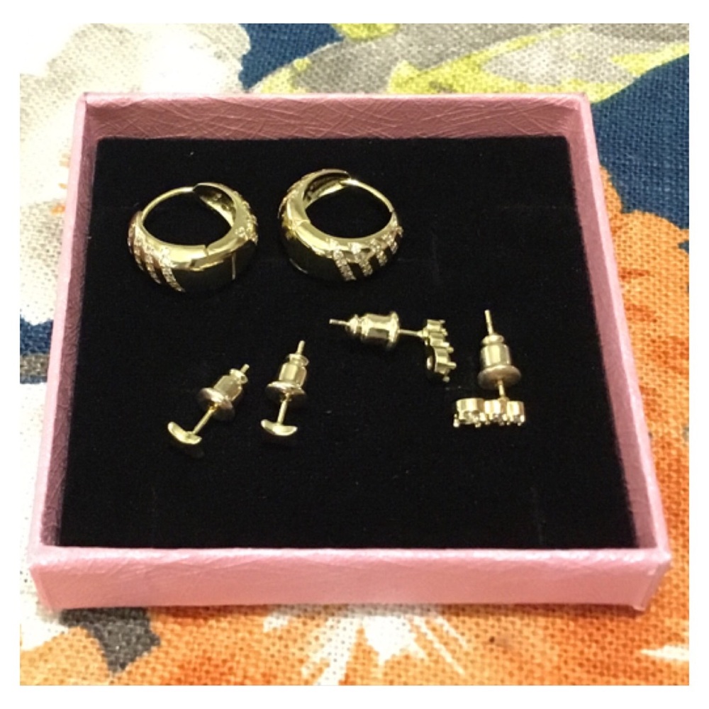 New! 3pr Gold Clear Crystal Earrings Set in Box